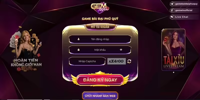 Điền đầy đủ thông tin để đăng ký Gemwin